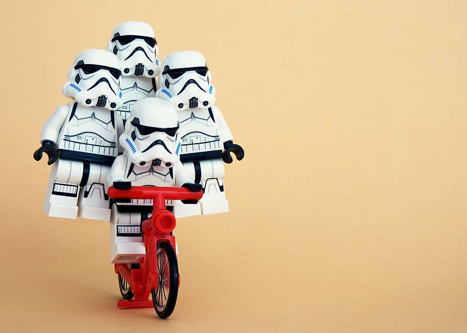 storm troopers, riding, bike illustration, lego, stormtrooper, cycling, trick, balance, stable, unstable