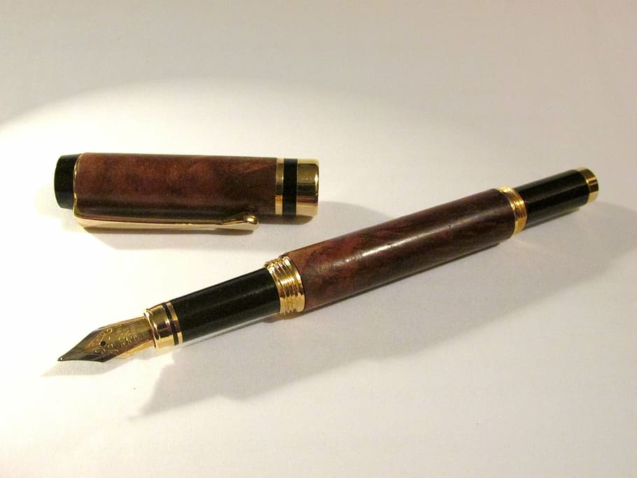 brown, fountain pen, white, surface, wooden pen, wooden fountain pen, rosewood, ink, pen, nib