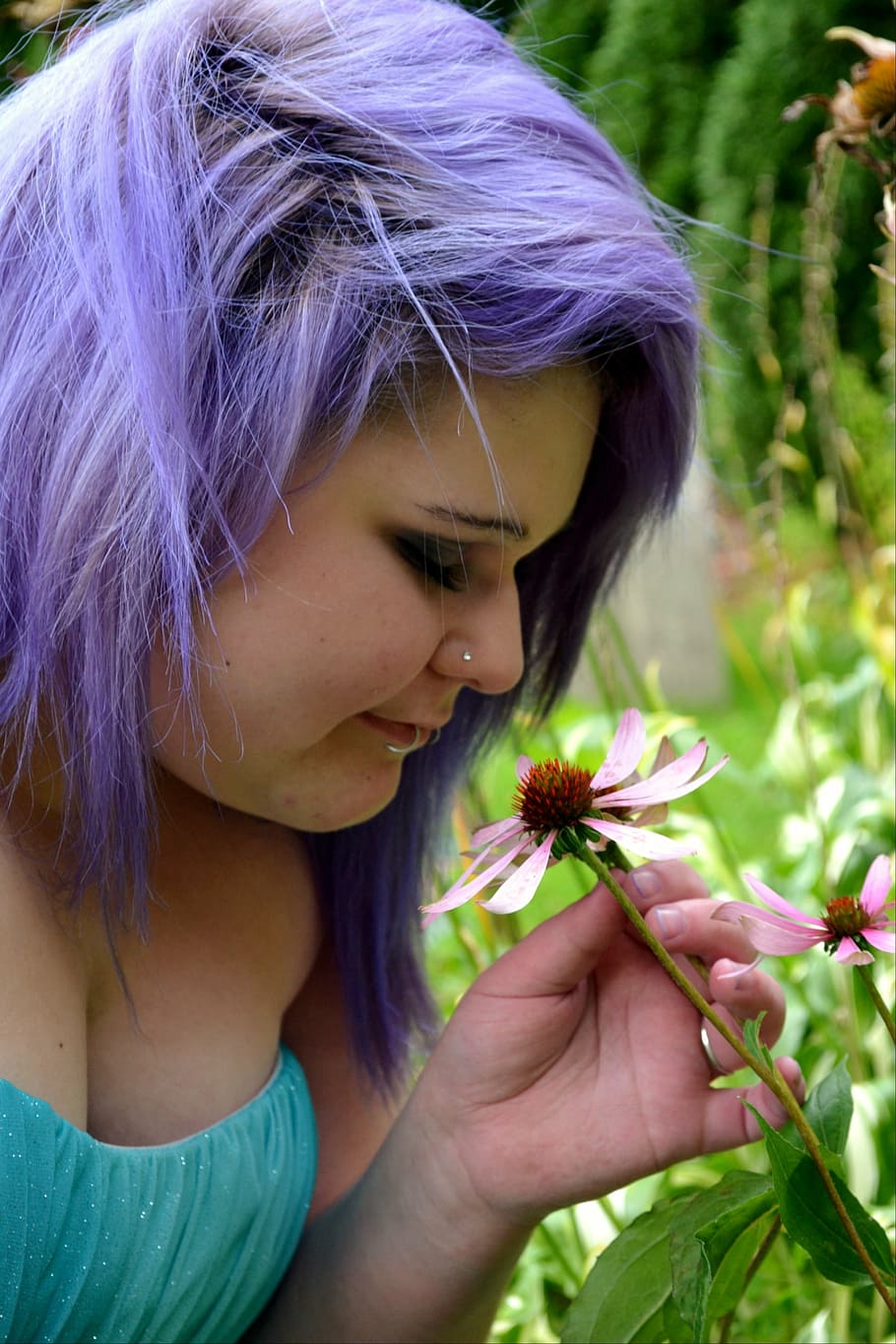 Woman Smelling Pink Rose Flower Smell Pretty Purple Hair Female Girl Pxfuel