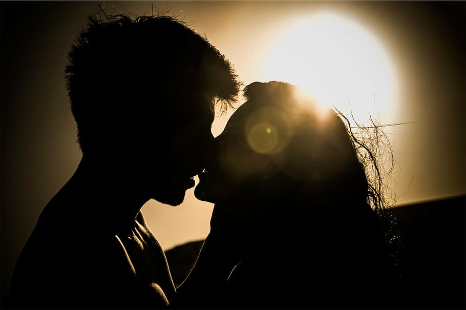 silhouette, man, woman, kissing, sun, two, coupe, day, time, light