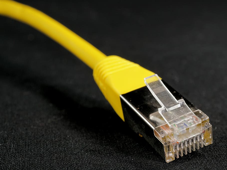 yellow lan cable, lan, cable, network, connection, wire, cork, data, technology, internet