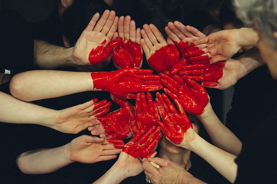 red, paint, heart, palm, hands, art, human hand, group of people, human body part, hand