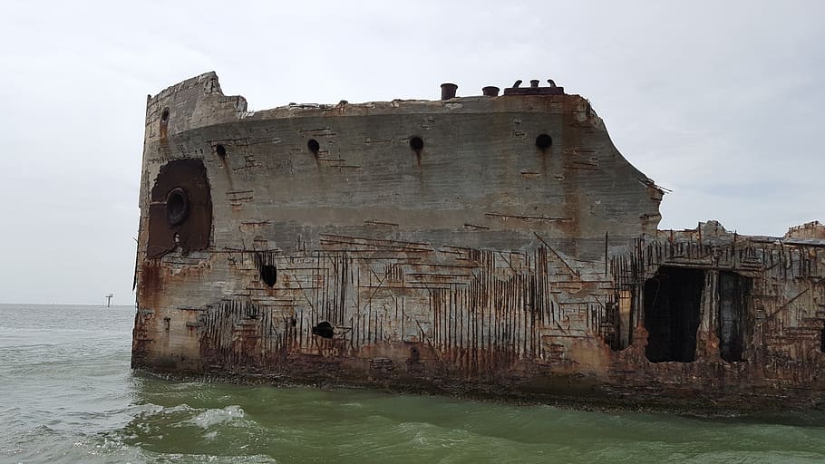galveston, shipwreck, ships, gulf of mexico, water, sea, abandoned, architecture, sky, nature