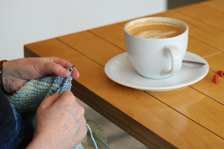 coffee, knitting, wool, coffee break, cloth, drink, espresso, pullover, colors, human body part
