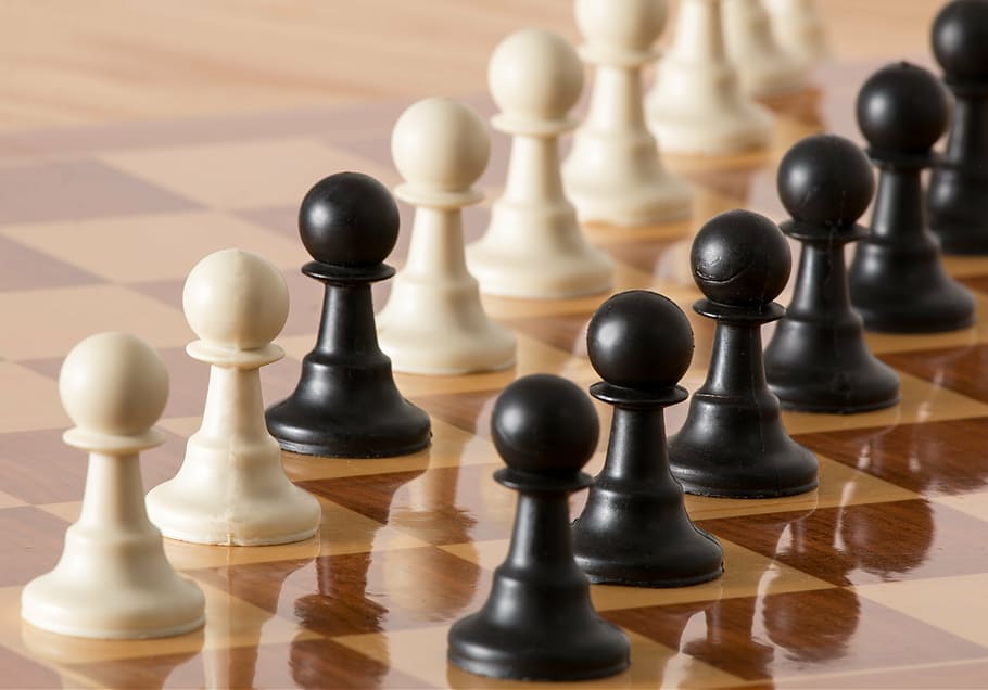 closeup, foto, bidak catur, papan, gadai, strategi, catur, permainan, putih, hitam
