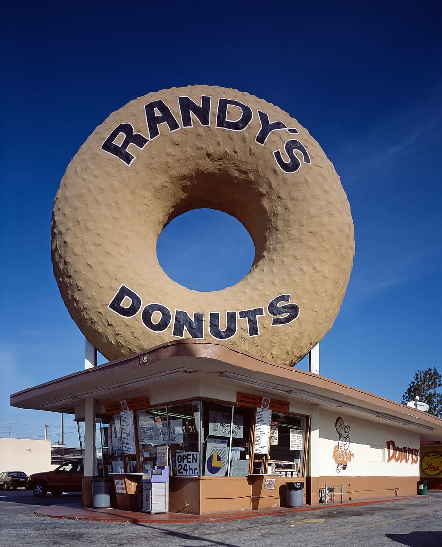 person, taking, randy, donuts store, daytime, donut, doughnut, randy's donuts, shop, music
