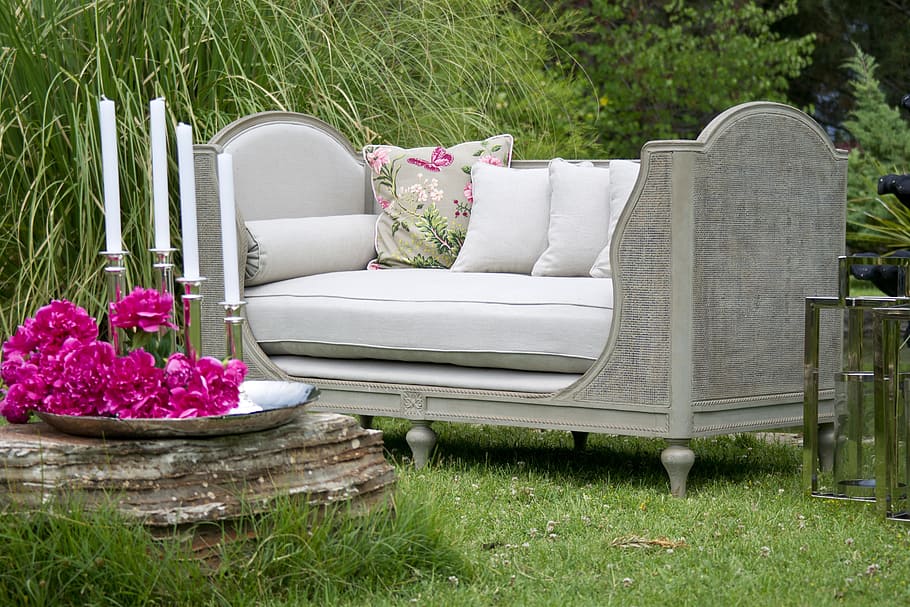 white, g ray daybed, throw, pillows, top, armchair, garden, grass, home, furniture