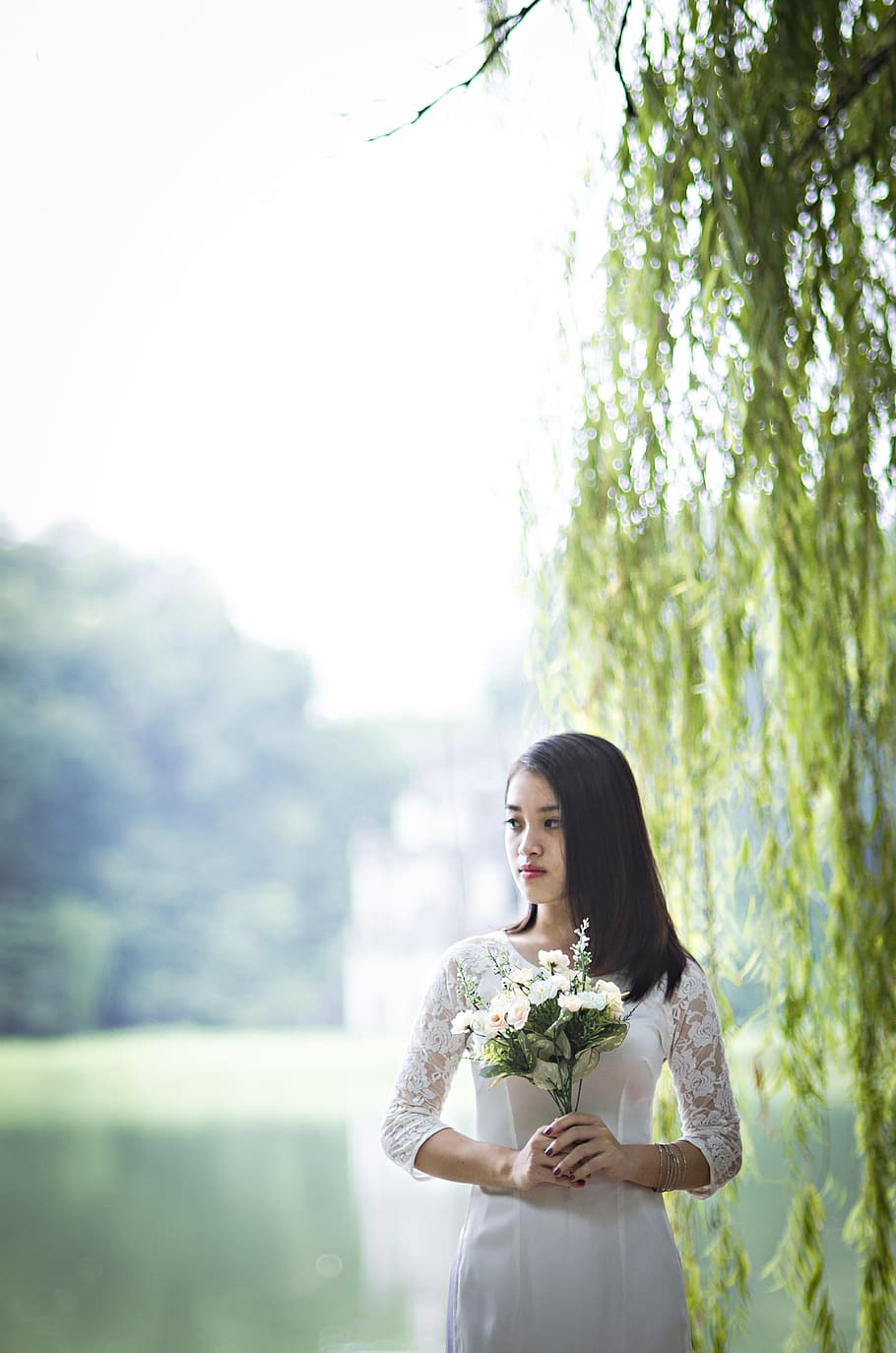 woman, wearing, white, wedding gown, girl, hanoi, asian, asia, bride, model