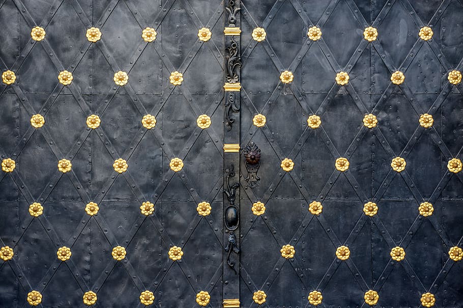 black, gold, floral, door, gate, iron, metal, texture, background, closeup