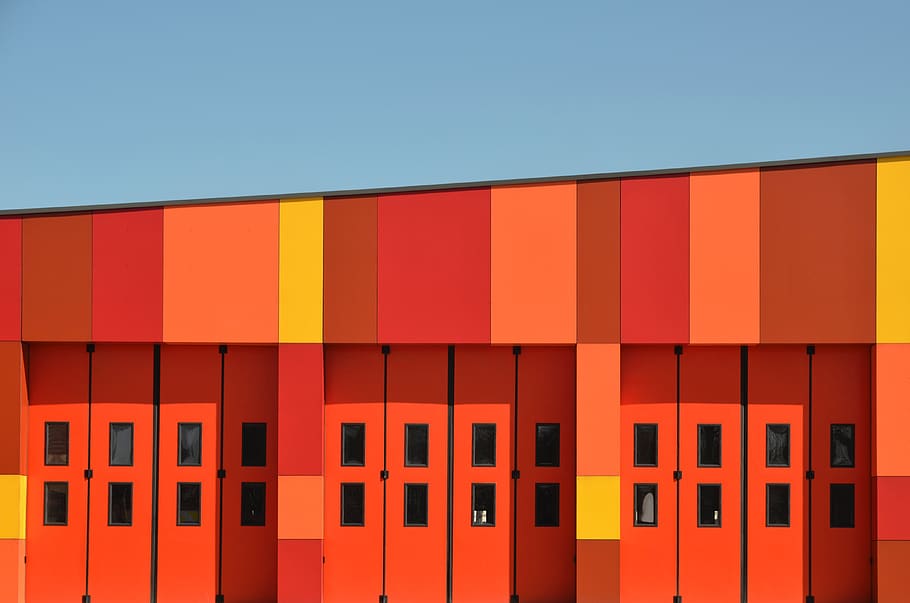 building, ❤ notice go, construction, loud, chromata, orange color, blue, sky, red, in a row