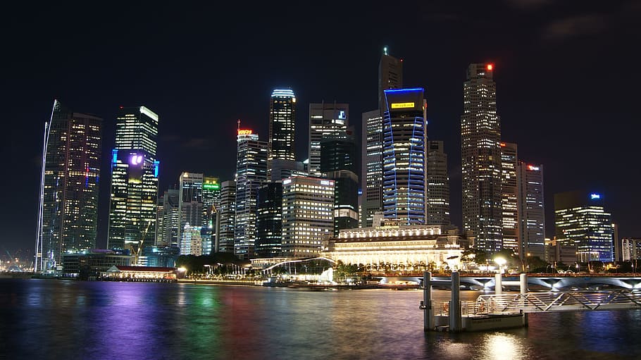 paisagem urbana durante a noite, Singapura, cidade, cidades, linha do horizonte, cingapura, edifícios, arranha céu, luzes, iluminação