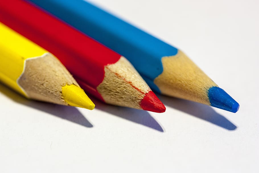 three, assorted-color color pencils, pens, colored pencils, colorful, colour pencils, crayons, wooden pegs, color, paint