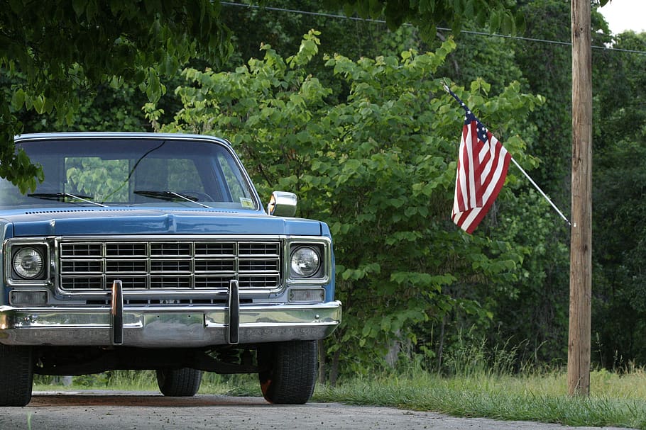 truck, chevy, flag, vintage, mode of transportation, plant, transportation, tree, land vehicle, patriotism