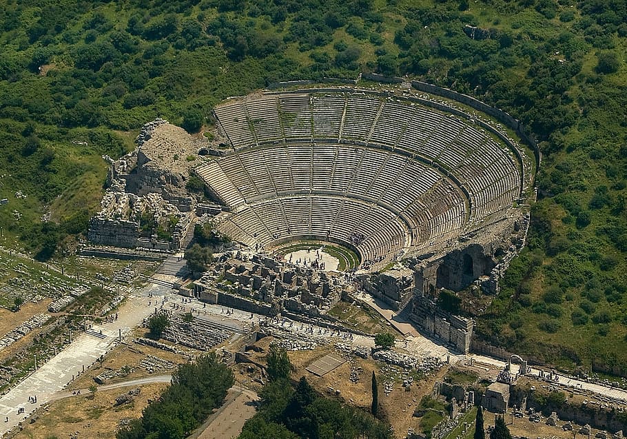 aerial, shot, colosseum, ephesus, turkey, greek, theatre, tourist, tourism, structure