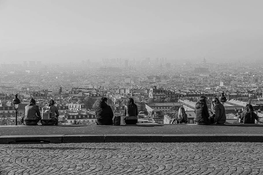 view, paris, sacred heart, tourists, black-and-white, point-of-view, panorama, sky, buildings, pollution