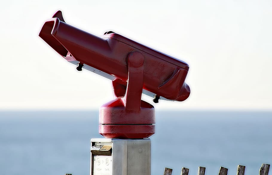 view, telescope, sea, telescope to spotting scope, binoculars, surveillance, water, red, day, sky