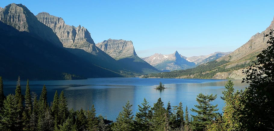 body, water, mountains, saint mary lake, lake, landscape, scenic, glacier national park, montana, usa
