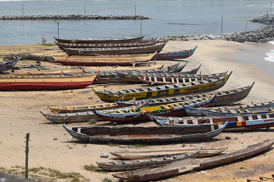 fishing boats, ghana, coast, canoe, tourism, travel, beach, nautical vessel, water, transportation
