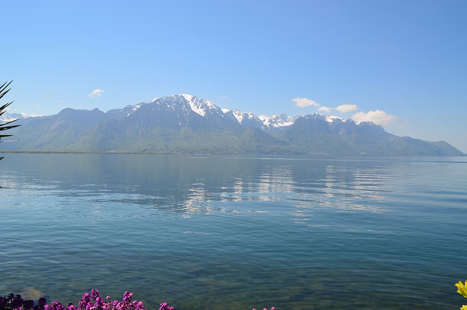 switzerland, montreux, lake geneva, bank, view, background image, mountains, water, mountain, beauty in nature