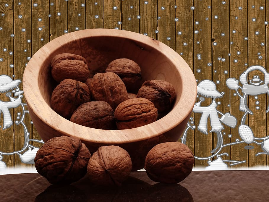 Walnuts, Christmas, Advent, Winter, Snow, surreal, snow man, wood, christmas time, nuts