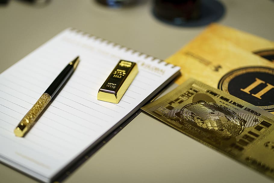 two, gold pen, bar, notebook, gold is money, gold bars, gold, golden, investment, fractal