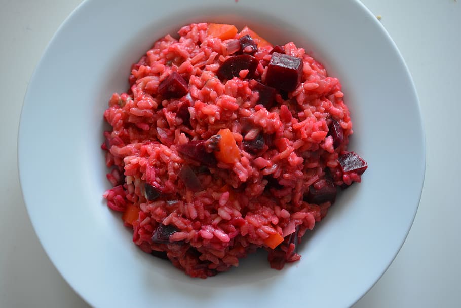 risotto, beetroot, eat, cook, food, plate, bio, delicious, red, court