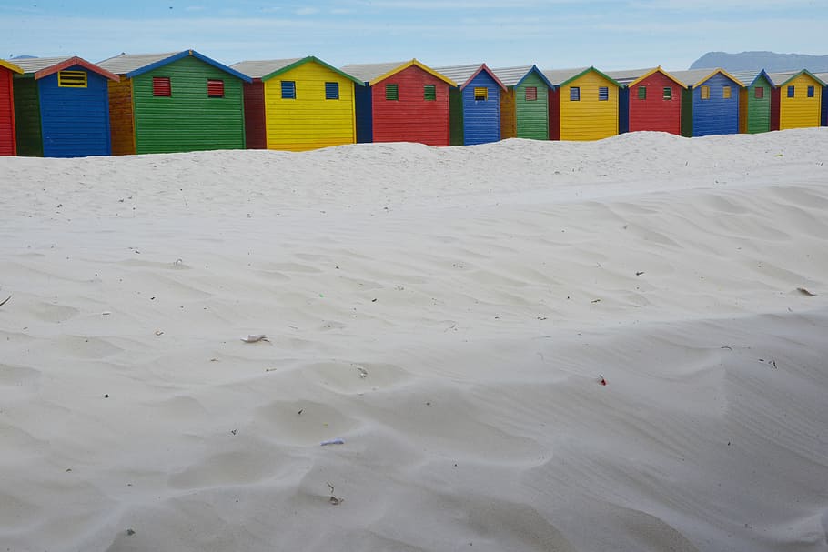 Casas de baños, Sudáfrica, Muizenberg, playa, arena, cabaña de playa, mar, costa, playas, dunas de arena