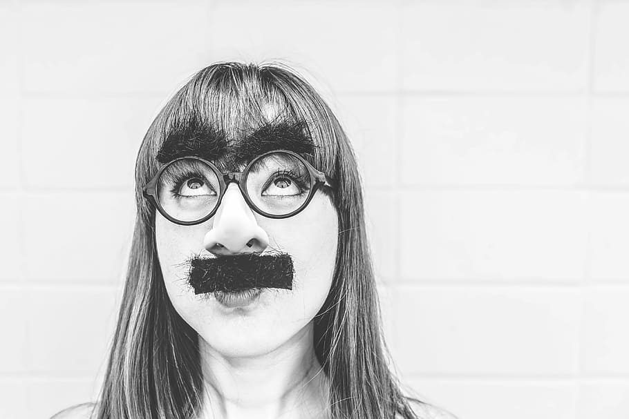 gray, scale photo, woman, wearing, eyeglasses, mustache, gray scale, people, whimsical, lazy