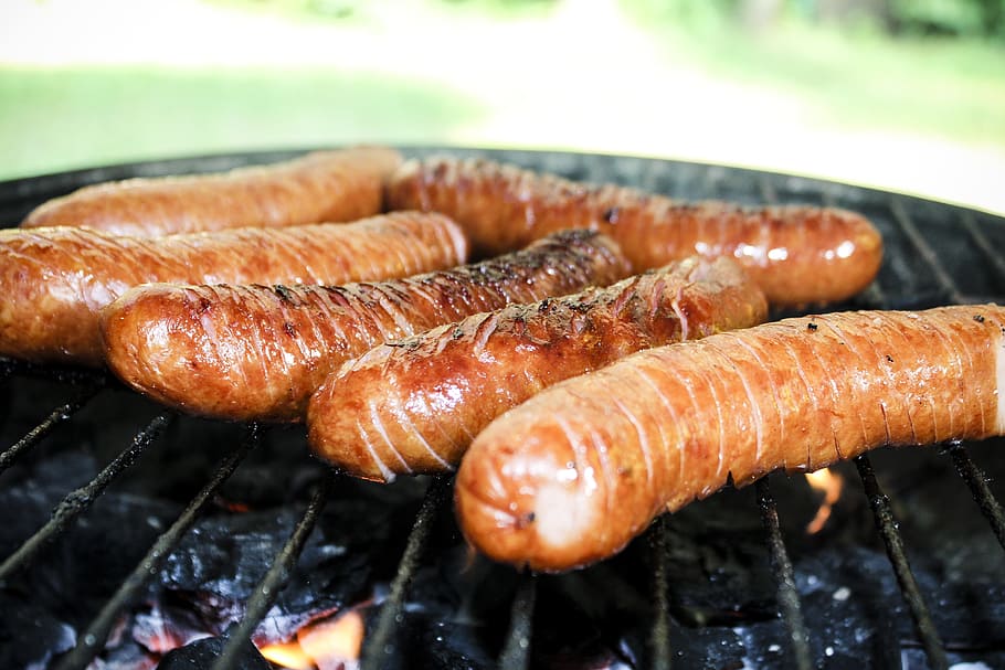 sausage, grill, barbecue at the, smoke, coal, chill, holidays, summer, hot, fire