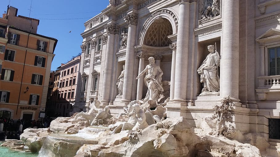 rome, trevi fountain, architecture, travel, marble, statue, sculpture, building exterior, built structure, art and craft
