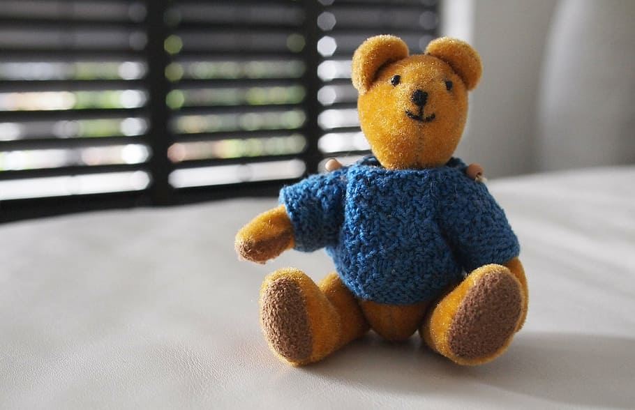 selective, focus photo, blue, brown, teddy, bear, table, knitted, shirt, plush