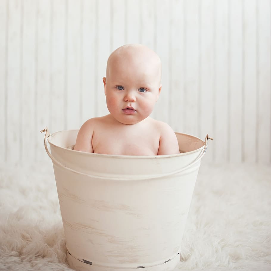 baby, inside, white, pail, cute, boy, child, toddler, bathing, bucket