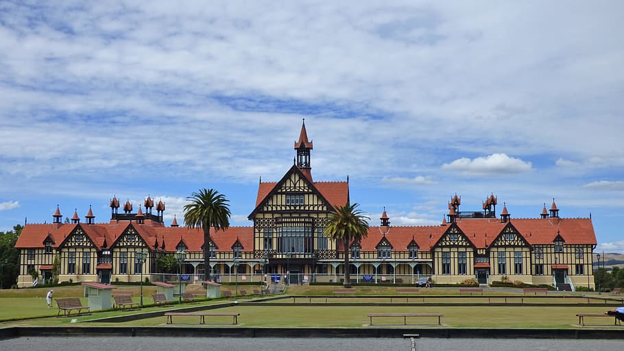 red, beige, houses, Rotorua, New Zealand, Landmark, architecture, building, historic, museum