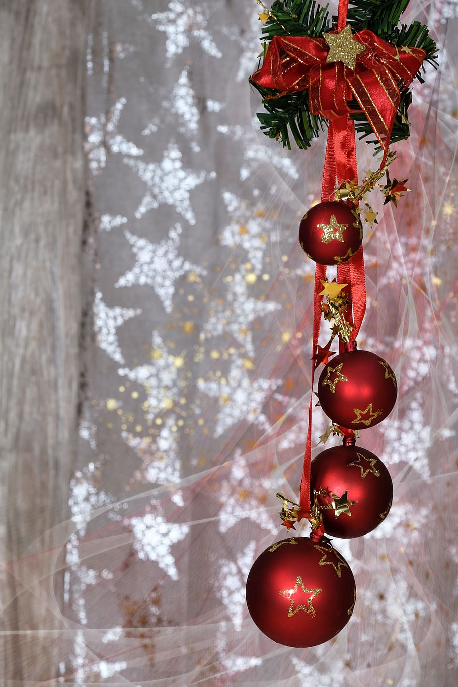 four, red, hanged, baubles, christmas, christmas time, christmas decoration, christmas decorations, advent, advent jewelry