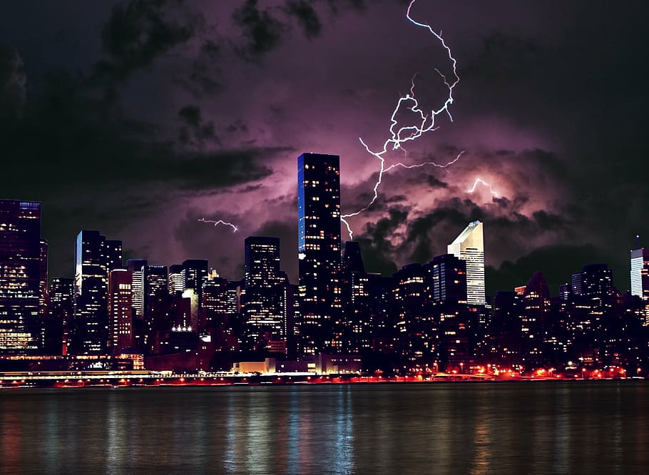 lightnings on city, city, skyline, night, river, buildings, clouds, lightening, lights, reflection
