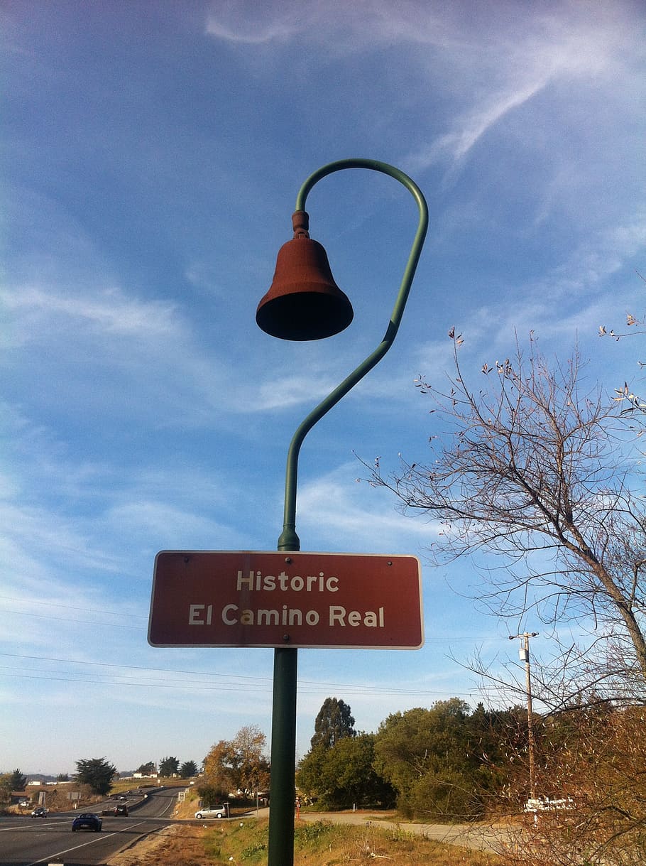 el camino real, bell, roadsign, road sign, highway, king's highway, king, historic, text, communication