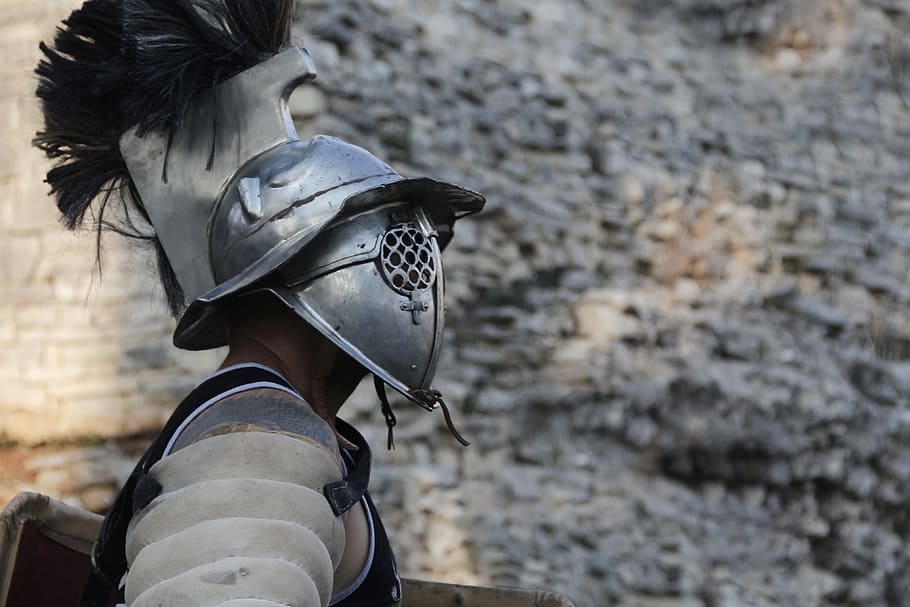 man, soldier helmet, gray, cliff photo, soldier, helmet, gladiator, fighter, sword, warrior