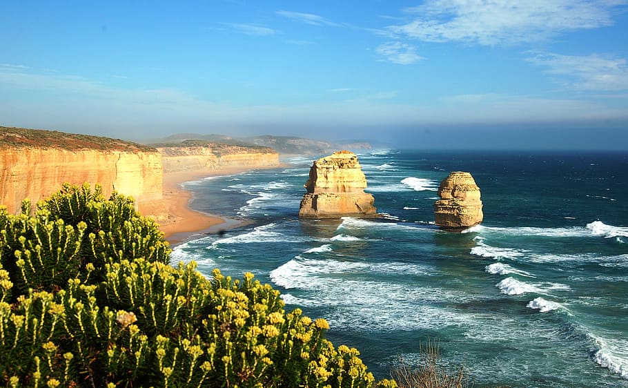 marrom, formações rochosas, mar, doze apóstolos, austrália, rocha, costa, penhasco, victoria - Austrália, grande Ocean Road