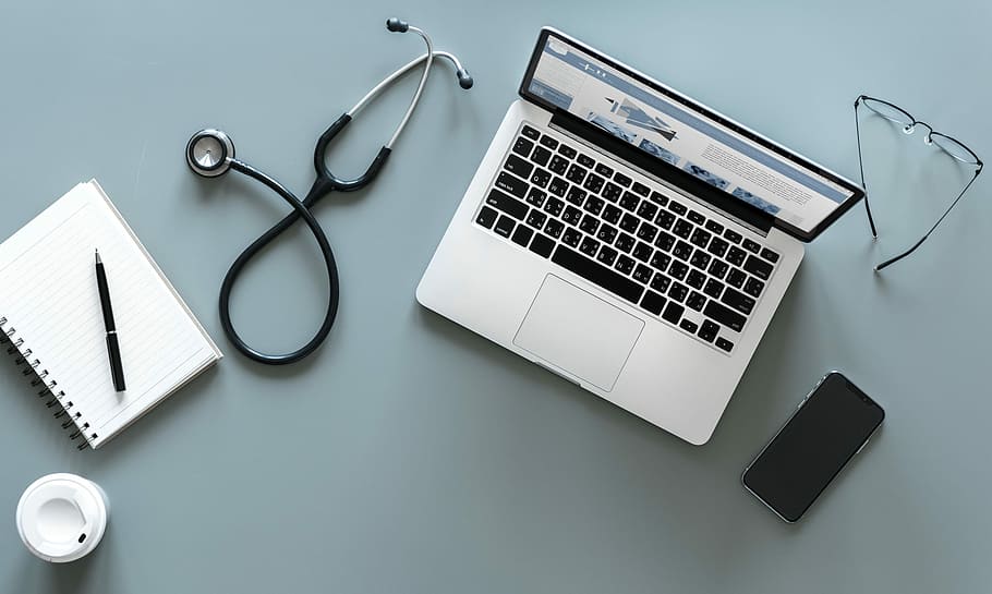 macbook silver, vista aérea, computadora, escritorio, dispositivo, dispositivos, dispositivo digital, equipo, gafas, hospital