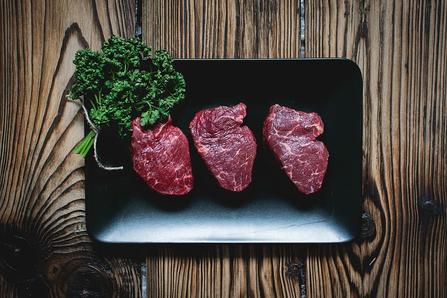 raw beef steaks, Raw beef, steaks, beef, meat, paleo, steak, top view, wood, food