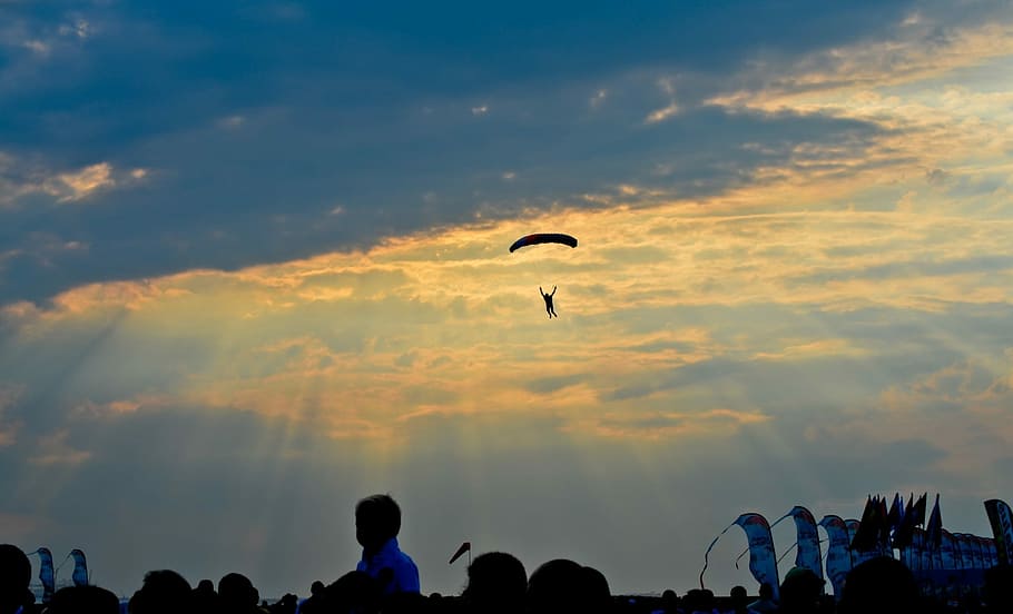 Parachuting, Paragliding, Parachute, sports, thrilling, exciting, silhouette, sunset, outside, person
