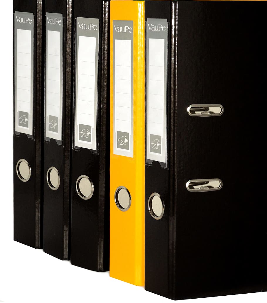 five, black, brown, binders, folder of files, office, the order of the, awarded, business, yellow