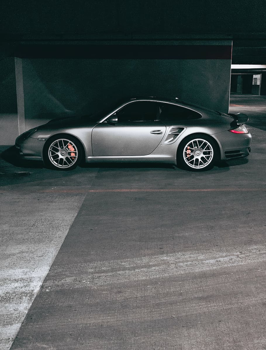 Silver Porsche 911 Coupe, estacionamiento, automóvil, gris, ruedas, parque, sedán, vehículo terrestre, transporte, calle