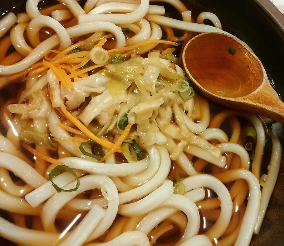 noddle soup, soup, noodles, udon, japanese, cook, bowl, spoon, vegetarian, rustic