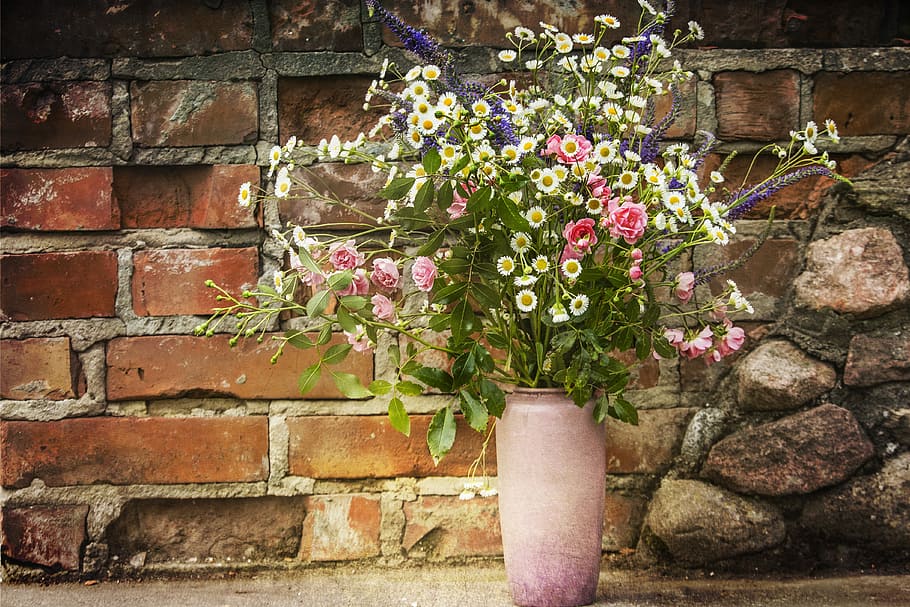 pink, rose, white, aster flowers, lavender, vase, brown, bricked wall, Bouquet, Pitcher