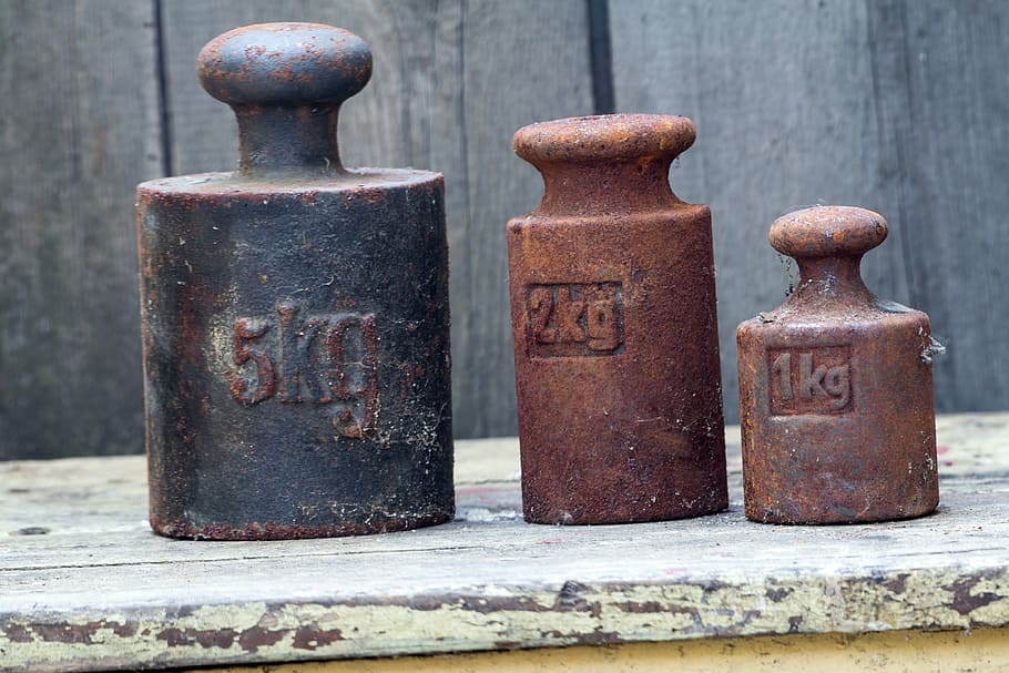 Kg, Weights, Stainless, Metal, Weigh, horizontal, rusty, day, outdoors, close-up