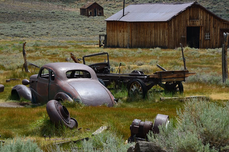 volkswagen beetle, shack, ghost town, car, old, rusty, farm, bodie, rustic, historic
