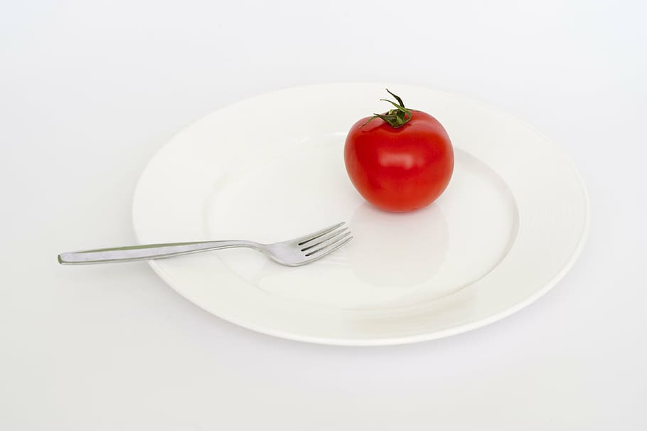 tomate, plato, tenedor, rojo, dieta, grasa, salud, peso, saludable, pérdida