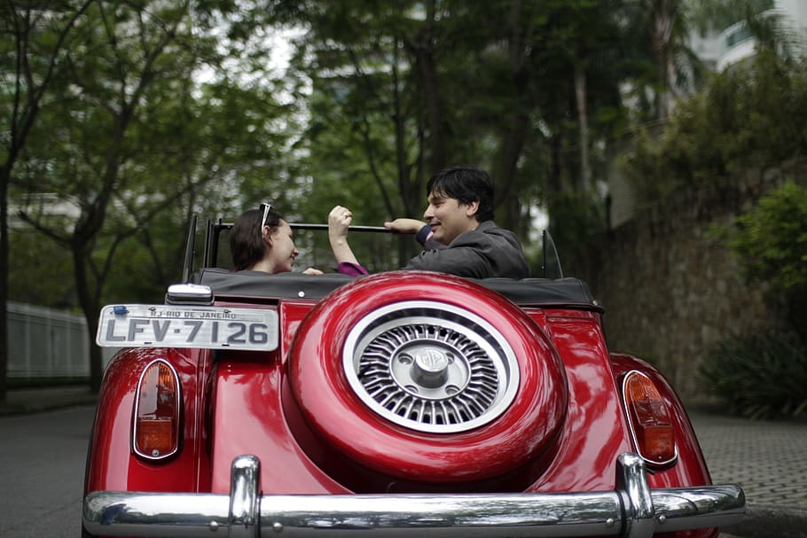 old timer, cabriolet, couple, just married, love, car, vintage, romantic, red, mode of transportation