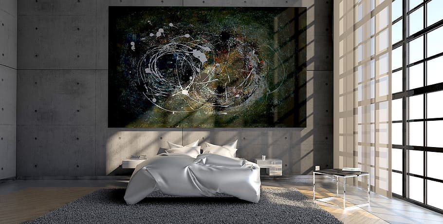multi-colored, abstract, painting, mounted, gray, wall, lifestyle, live, bedroom, architecture